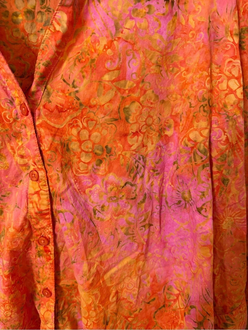 Catherines 1X Floral Button-Front Cotton Shirt Pink & Orange Lightweight - Picture 5 of 8